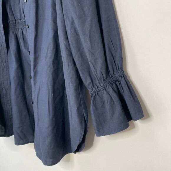 LOFT Blue Cotton Button Front Ruffle Sleeve Shirt Jacket Medium Blouse - Picture 6 of 7